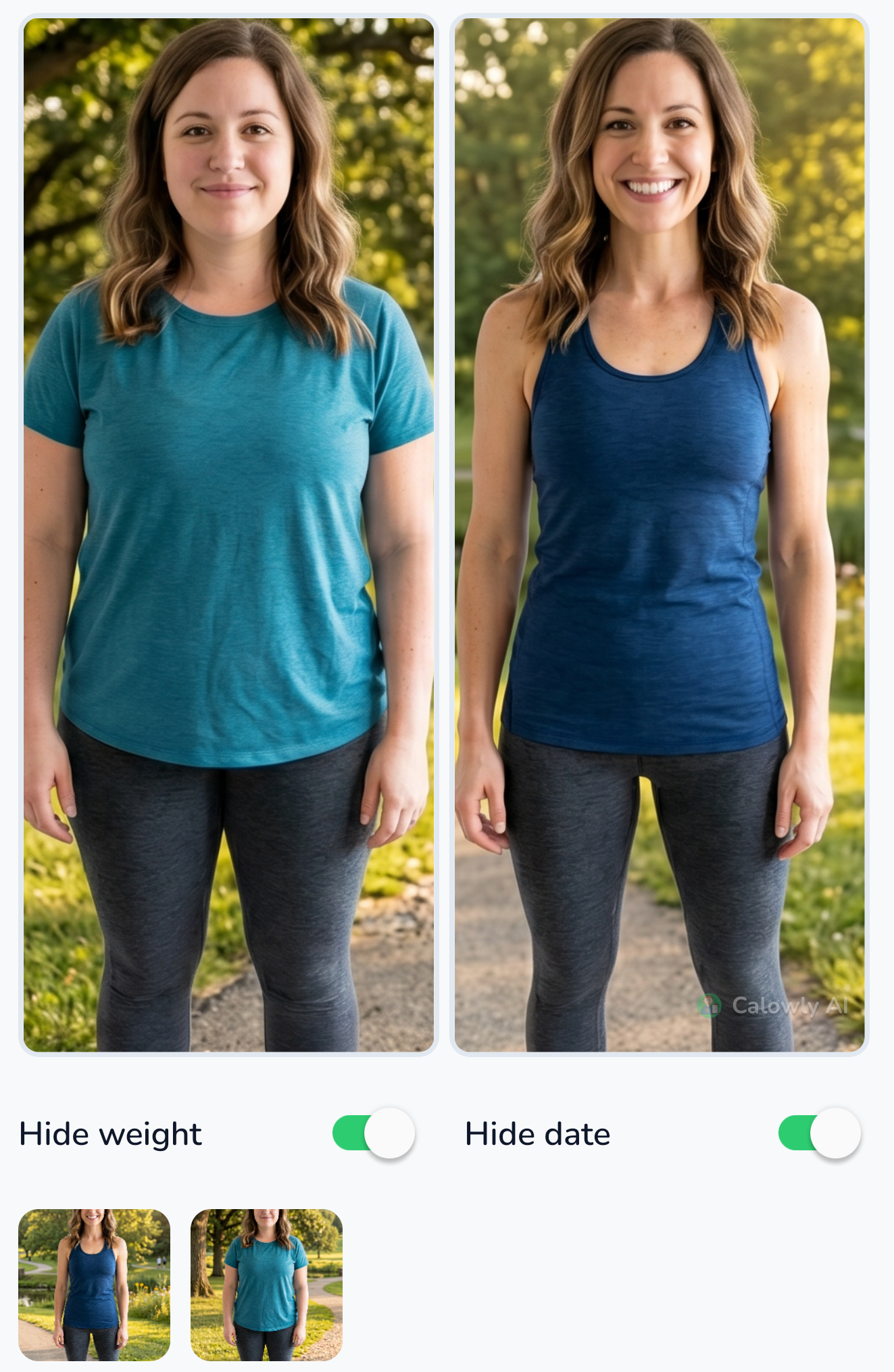 Before and after progress photos compared side by side inside Calowly AI