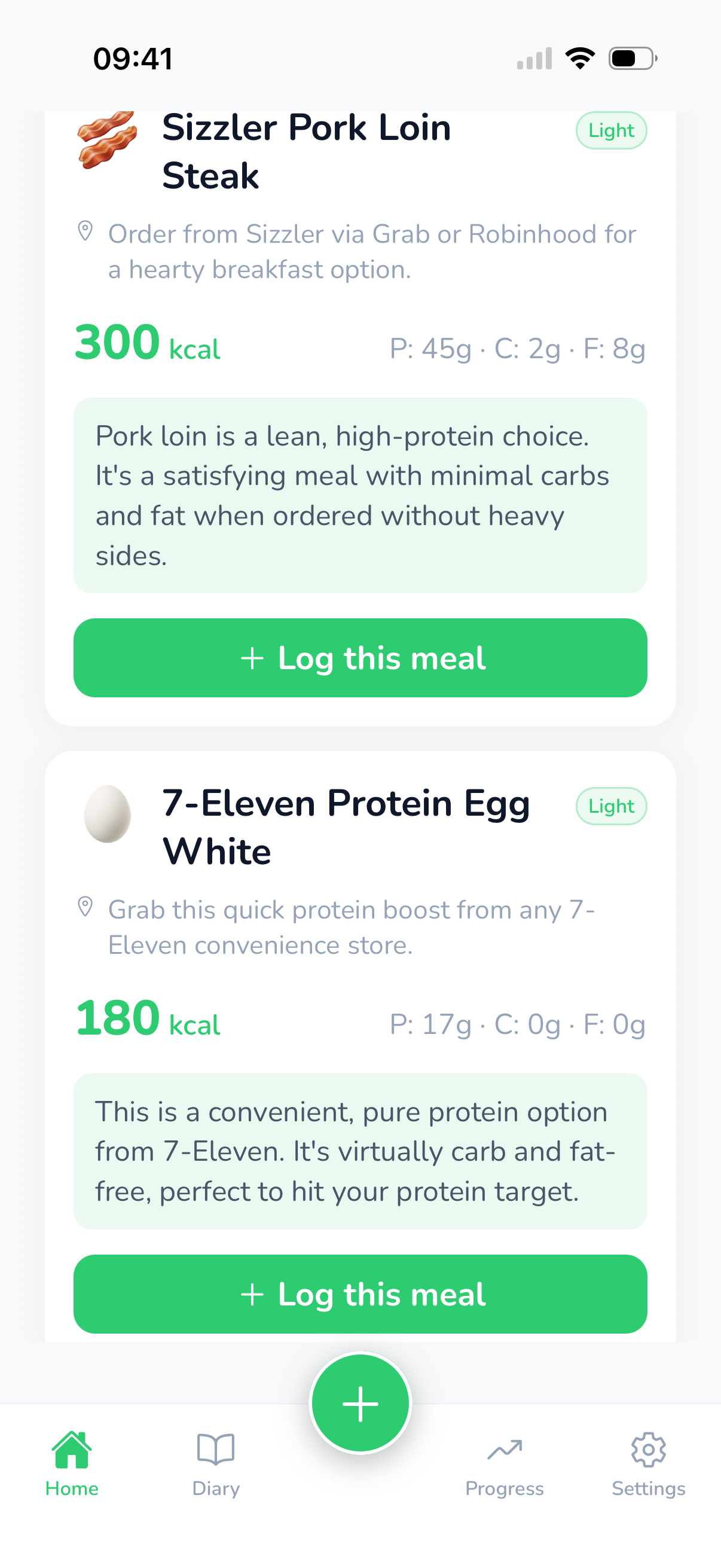 Region-aware meal suggestions for Sizzler pork loin and 7-Eleven protein egg white with macros