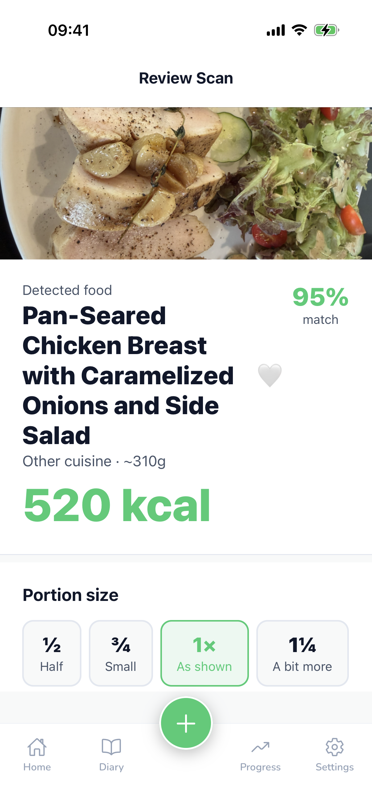 Scan result showing pan-seared chicken breast detected at 520 kcal with 95% match